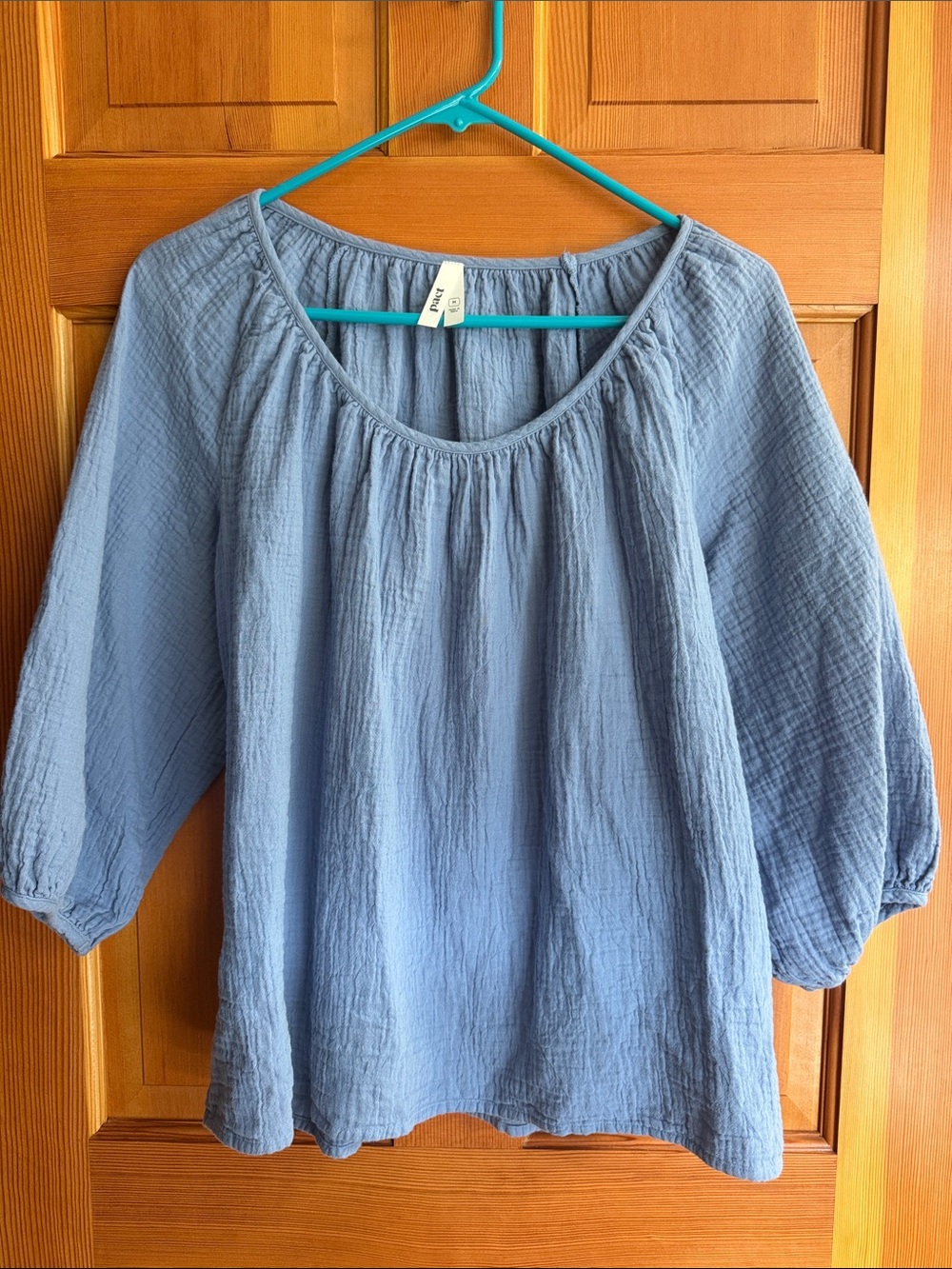 Pact Blue Organic Cotton Gauze Peasant Blouse Medium